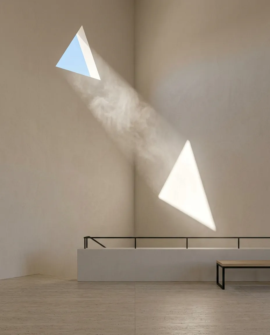 Sunlight passing through a triangular opening and drawing a bright triangle on a plaster wall