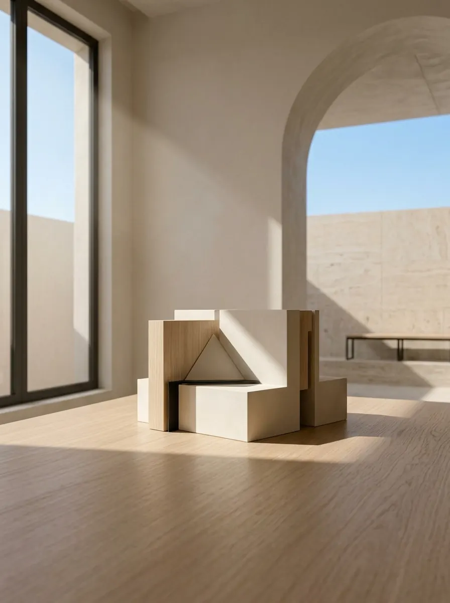 A white architectural study model on an oak floor in soft light